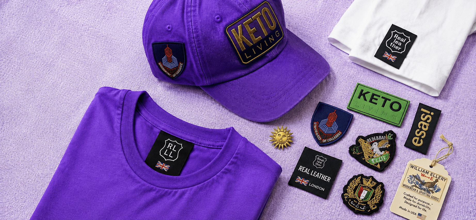 Custom woven labels and patches on clothing and hats