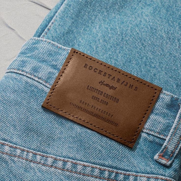 Leather patch on denim jeans